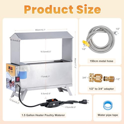Chicken Waterer Heated 2 Gallon Chicken Water Heater for Winter Stainless Steel Poultry Drinker Heater Anti Freezing Watering Dispenser for Coop, Thermostatically Controlled