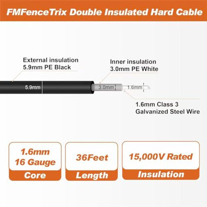 Electric Fence Wire Double Insulated Underground Hard Cable - 16Gauge, 36ft - Galvanized Steel Core - size: 16Gauge, 36Ft