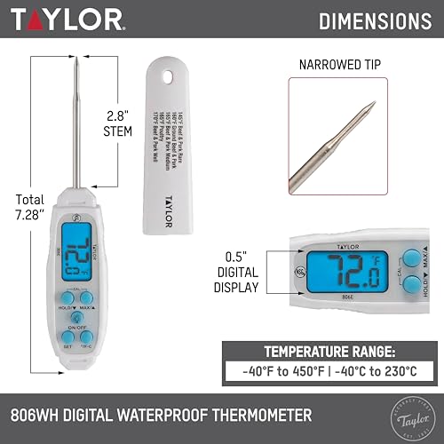 Taylor Digital Waterproof Meat Thermometer for Kitchen, Grill & BBQ, Blue Backlit Display, Narrow Step-Down Probe, Hold Function, NSF Certified, White - color: White