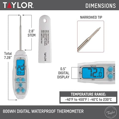 Taylor Digital Waterproof Meat Thermometer for Kitchen, Grill & BBQ, Blue Backlit Display, Narrow Step-Down Probe, Hold Function, NSF Certified, White - color: White