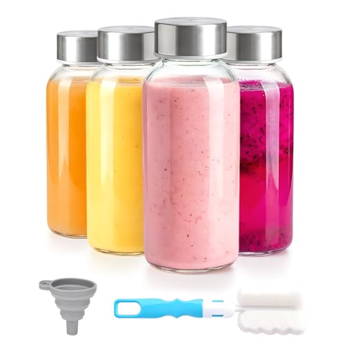 Zukro 8 oz Small Glass Juice Bottles with Stainless Steel Lids Leak Proof - color: silver lid - 4 pack