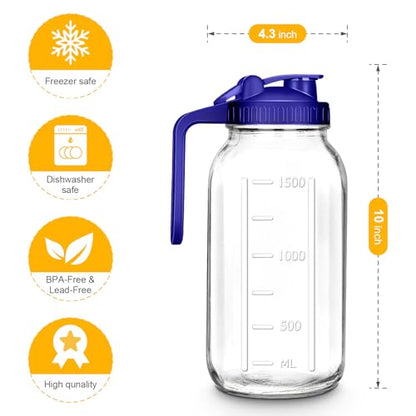 64oz Glass Mason Jar Pitcher with Lid, 2qt Breast Milk Pitcher with Spout - color: 64 OZ Blue