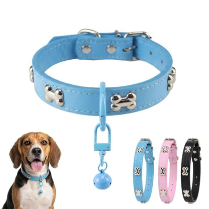 Adjustable PU Leather Dog Collar with Color Matched Bell, Blue M - color: blue, size: 10-13.5 Inch