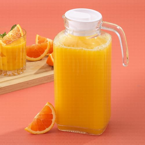 JoyJolt 60oz Glass Pitcher with Lid (2 Lids) - Beverage Serveware and Storage Container for Cold Drinks and Liquids. Juice Container, Water Jug, Fridge Pitcher for Iced Tea or Milk - size: 60 Ounces