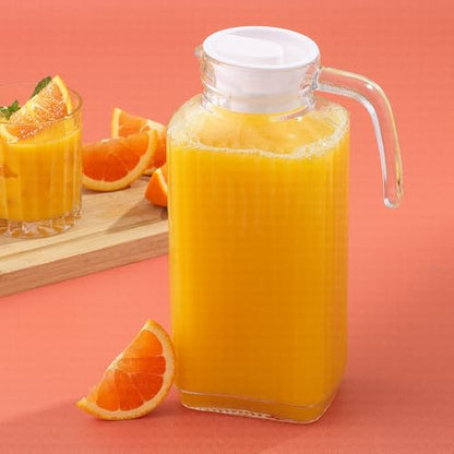 JoyJolt 60oz Glass Pitcher with Lid (2 Lids) - Beverage Serveware and Storage Container for Cold Drinks and Liquids. Juice Container, Water Jug, Fridge Pitcher for Iced Tea or Milk - size: 60 Ounces