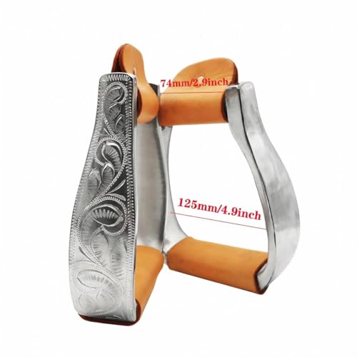 Western Horse Stirrups Heavy Duty Cast Aluminum 4.9" Hand Engraved Polished Real Leather Tread for Equestrian Riding, Brown/Black - color: Brown