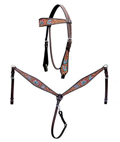 CHALLENGER Horse Western Leather Tooled Headstall Bridle Breast Collar Tack Set 78HRBrowbandSet - color: Antique Floral Turquoise
