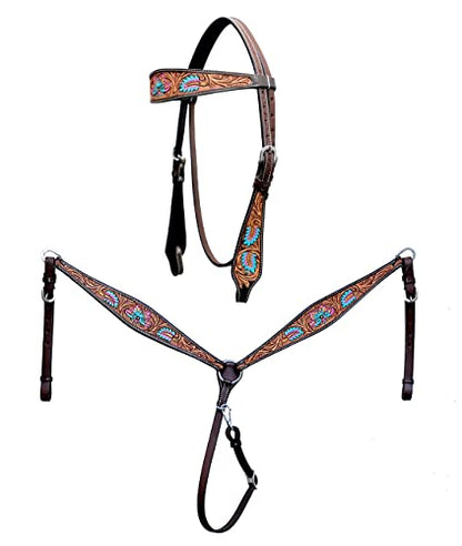 CHALLENGER Horse Western Leather Tooled Headstall Bridle Breast Collar Tack Set 78HRBrowbandSet - color: Antique Floral Turquoise