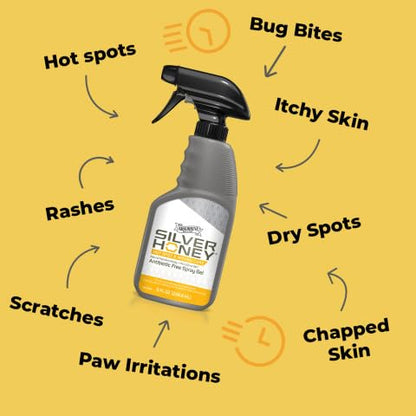 Silver Honey Hot Spot & Wound Care Pet First Aid Spray Gel, 8 fl oz | Manuka Honey, MicroSilver BG, Dog, Cat, Small Animal, Rapid Healing, Treat At Home, Touch-Free Application, Antibiotic-Free