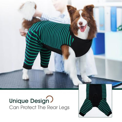 Kuoser Dog Recovery Suit with Anti Licking Rear Leg Sleeve, Green L - color: Green Strips, size: Large (Back Length: 40cm / 15.74")