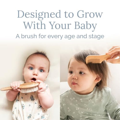 Natemia Wooden Baby Hair Brush & Comb Set - Natural Goat Hair Bristles & Soft Bristle Brush - Gentle Scalp Massage & Cradle Cap Comb - For Newborns & Toddlers, Baby Grooming Kit - size: 3 PC Set, Oval