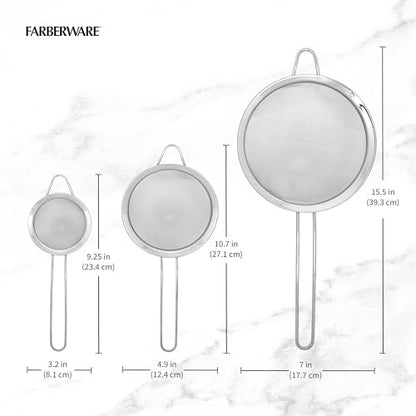 Farberware Stainless Steel Mesh Strainer Set of 3 - Fine Mesh Strainers for Kitchen, Small Medium Large Sizes for Draining Pasta, Rinsing Produce, Sifting, and Straining