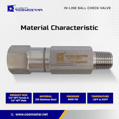 Cosmostar 1/4" NPT Stainless Steel 316 In-Line Ball Check Valve – 6000 PSI One Way Spring Check Valve for Water, Oil & Gas, Anti-Corrosion Backflow Preventer with Viton O-Ring, Male x Female(NRVN02)