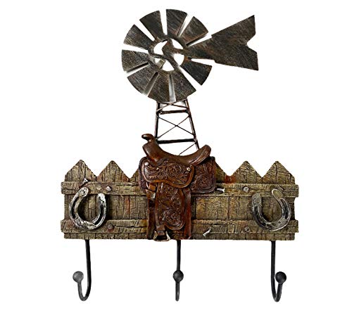 Urbalabs Western Country Wind Mill and Horse Saddle Wall Hooks Coat or Key Holder Wall Hook Mounted Decorative for Hats, Coats, Towels, Mudroom, Rustic Western Decor - color: Wind Mill 3 Hook