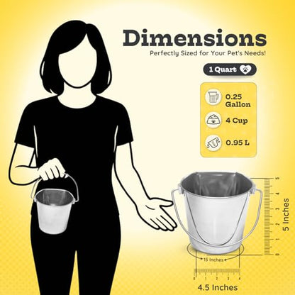 Stainless Steel Flat Side Bucket 1 Quart (0.25 Gallon)- Heavy Duty Hanging Food & Water Pail for Dogs, Cats, Birds, Kennel, Cages & Crates, Durable Rustproof Multi-Purpose Feeding Buckets - size: 1 Quarts