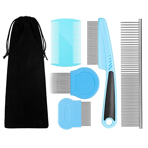 Flea Comb For Dogs & Cats Pet Comb Grooming Set 5 Pieces Metal Teeth Durable Remove Tear Stain Float Hair Combing tangled hair Dandruff Add Storage Pouch (Blue) - color: Blue