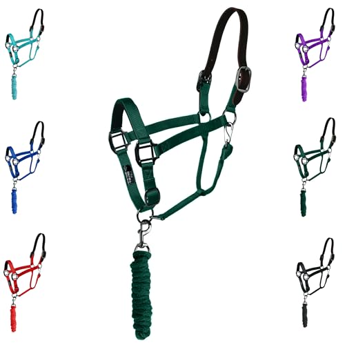 Majestic Ally Leather Halter with Matching Lead Rope for Horses – Leather Breakaway Crown - Adjustable Chin Strap – Rolled Throat Latch – Padded Noseband –(Hunter Green, Pony) - color: Hunter Green, size: Pony