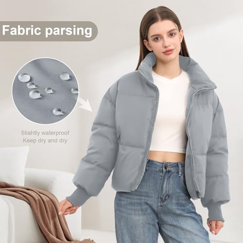 SXGYH Women’s Winter Cropped Puffer Jacket Coat Casual Quilted Baggy Long Sleeve Zip Down Jackets Outerwear - color: Light Grey, size: X-Large