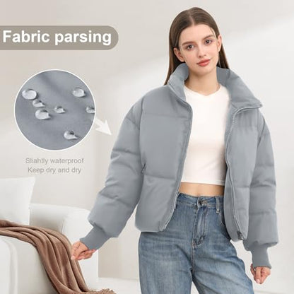 SXGYH Women’s Winter Cropped Puffer Jacket Coat Casual Quilted Baggy Long Sleeve Zip Down Jackets Outerwear - color: Light Grey, size: X-Large