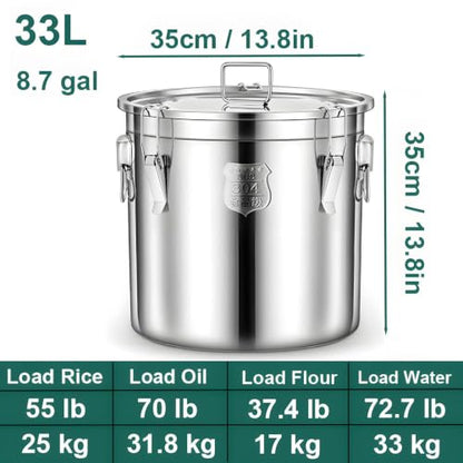 8.7Gal 304 Stainless Steel Airtight Container with Lid and Locking Clamp, Large Food Storage Container 28-60Lbs Metal Bucket for Rice, Flour, Milk Oil, Soup Commercial Liquid Storage (33L) - size: Standard 33L/8.7gal
