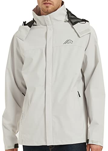 OTU Men's Lightweight Waterproof Hooded Rain Jacket Outdoor Raincoat Shell Jacket for Hiking Travel Light Grey S