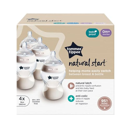 Tommee Tippee Natural Start Anti-Colic 9 oz BPA Free Baby Bottles, 0+ Months, Slow Flow Breast-Like Nipple, Self Sterilizing, Designed for Seamless Transition Between Bottle & Breast, Clear, Pack of 4 | Pack of 4, Slow Flow Breast-Like Nipple, Self-Steril