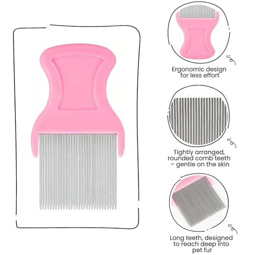 MEDUWEDU 5 Pack Flea & Lice Comb Set for Cats, Dogs & Kids – Stainless Steel Fine Tooth Nit Comb Kit with Double-Sided Tear Stain Remover, Grooming Brush & Peine para Piojos for Thick Hair (Pink) - color: Pink