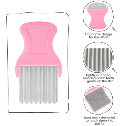MEDUWEDU 5 Pack Flea & Lice Comb Set for Cats, Dogs & Kids – Stainless Steel Fine Tooth Nit Comb Kit with Double-Sided Tear Stain Remover, Grooming Brush & Peine para Piojos for Thick Hair (Pink) - color: Pink