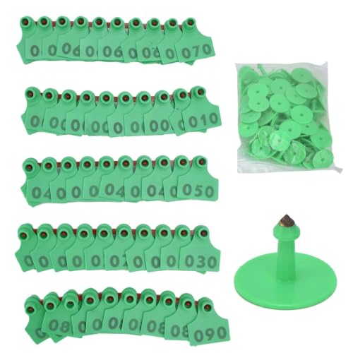 Cattle Ear Tags for Cow Sheep Goat Pig Numbered 001-100, Green | Anti Dropping, TPU Livestock Ear Tags, Farm Animal Identification, 100 Pcs, 1.6 x 1.9 Inch