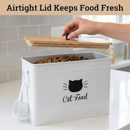 Metal Cat Food Container with Scoop, 15lb (50 Cup) w/ Airtight Bamboo Lid - color: White