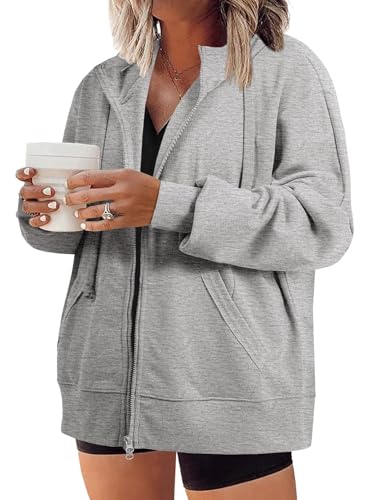 Eytino Women Plus Size Zip Up Hoodie Long Sleeve Oversized Sweatshirts - color: Gray, size: 2X