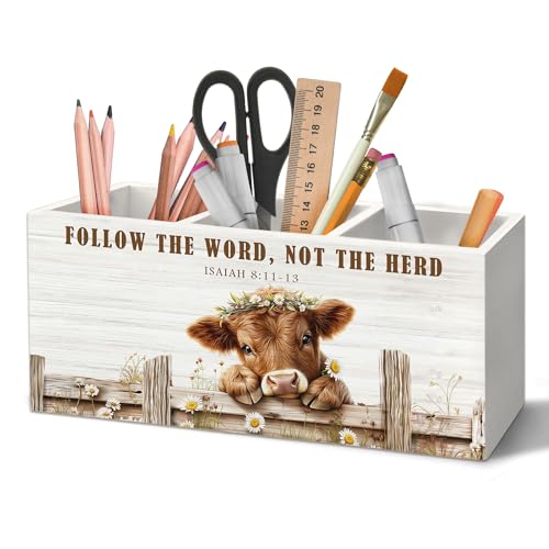 Farmhouse Highland Cow Christian Pen Holder Organizer for Desk Accessories, Highland Cow Gifts, Isaiah 8:11-13 Bible Verse Religious Wooden Box Sign Desk Decorations for Home Office Decor - color: Cow-8, size: 2.5"D x 7.8"W x 3.5"H