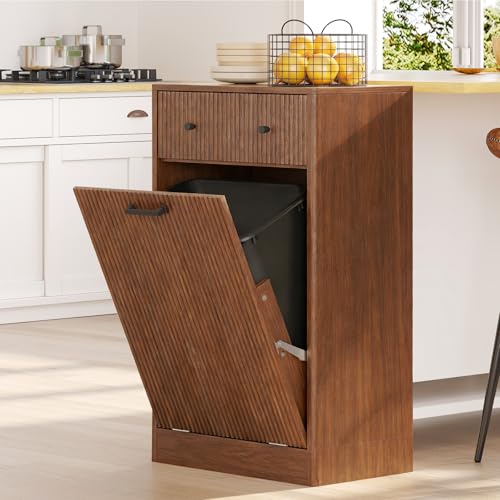 10 Gallon Tilt Out Trash Can Cabinet with Drawer, Hidden Trash Bin Storage & Laundry Hamper Cabinet, Pet Proof Trash Can Holder for Kitchen, Laundry Room & Bathroom, Walnut - color: Walnut