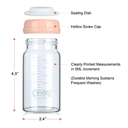 COMI Wide Neck Glass Breastmilk Collection n Storage Bottle, 6oz with Screw Ring Sealing Disk; Re-markable Sealing Disc. BPA Free, Fits Breast Pumps & Nipples (2 Pack Pink Lids) - style: 180ml 2PINK