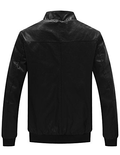 WenVen Men's Stand Collar Fleece Lined Faux Leather Jacket Warm Winter Coat | Bomber Outerwear - color: Black, size: Medium