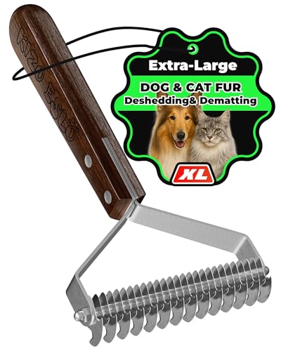 Extra Large 2-Sided Undercoat Rake for Dogs & Cats, Dog Brush for Shedding Remove Mats, Dematting Comb, Safe & Gentle Grooming Brush for German Shepherds Medium to Long-Haired Pets (Walnut Handle) - size: Top Pick - XL PRO - Walnut