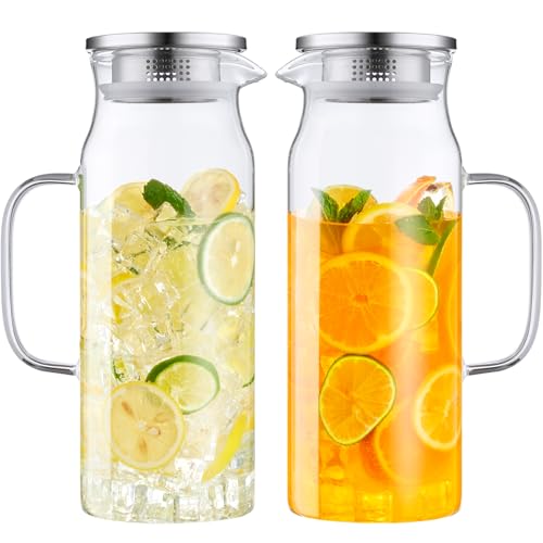 Bivvclaz 2 Pack 1.6 Liter 54 oz Glass Pitcher with Lid and Handle, Glass Carafe Water Pitcher for Hot/Cold Water, Iced Tea, Drinks, Coffee, Juice and Homemade Beverage - color: Clear, size: 54 Ounces (2 Pack)