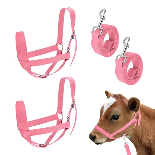 M METERXITY 2-Pack Adjustable Cattle Cow Calf Halter, 13.78"-17.7" Nylon Livestock Cow Halter with Leading Rope for Miniature Horse/Donkey/Goat/Cattle [Pink]