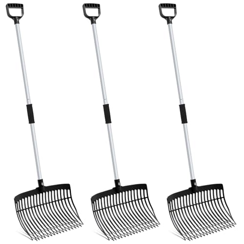 Lasnten 3 Sets Manure Fork with Long Metal Handle 18 Fine Tines Pitch Fork Manure Rake Heavy Duty Muck Rake for Gardening Horse Stable Grass Hay Cleaning Farm Work, D Shaped Grip (Black) - color: Black