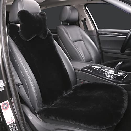 OGLAND Black Fuzzy Sheepskin Car Seat Cover | Soft Natural Fur Wool Cushion - color: Black