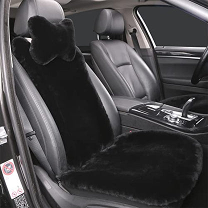 OGLAND Black Fuzzy Sheepskin Car Seat Cover | Soft Natural Fur Wool Cushion - color: Black