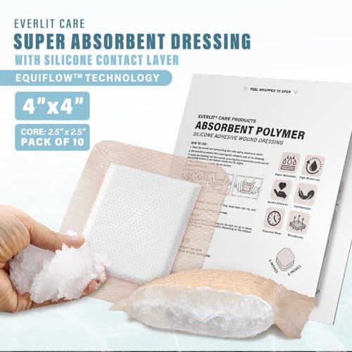 EVERLIT Super Absorbent Polymer Wound Dressing | Silicone Self-Adhesive Bandages with Ultrasorb Matrix for High Retention | 4" x 4" Sterile Adhesive Dressings Pack of 10 - size: 4" x 4"