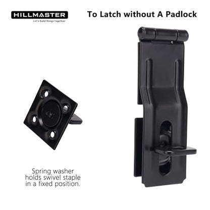 HILLMASTER 2 Pack Swivel Staple Safety Hasps, 4-1/2" Gate Door Hasp Latch with Twist Knob Safety Padlock Clasp Lock for Fence, Gate, Cabinet, Barn Door, Shed, Black - size: 2 Pack