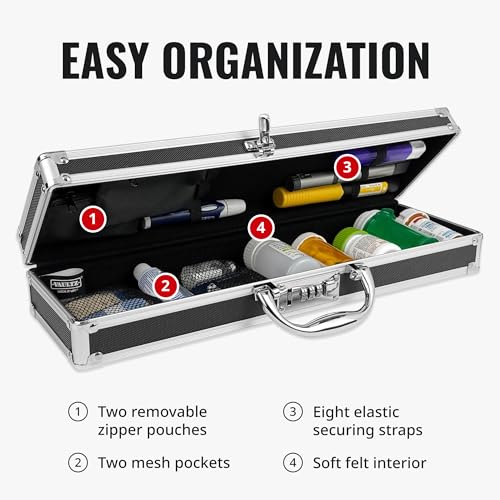 Vaultz Locking Medicine Case, Extra Long Lock Box Briefcase, 16.5 In | Elastic straps and removable zipper pouch for organization, reinforced steel corners, chrome handle, keyless combo lock - size: 1 Pack (Extra Long)