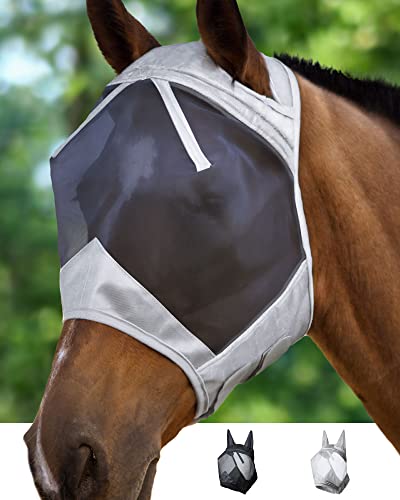 Harrison Howard CareMaster Midge-Proof Fleece Padding Horse Fly Mask Half Face with Ears Silver/Black Retro XL Extra Full Size - color: Silver/Black, size: Extra Full (X-Large)