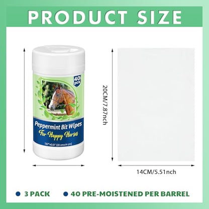 Threlaco 3 Pack Horse Bit Wipes 120 Pcs Peppermint Horse Bit Cleaners for Happy Horse Disposable Cleaning Wipes for English or Western Bits - style: Peppermint