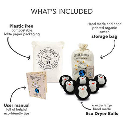 Friendsheep Wool Dryer Balls, Organic Reusable Fabric Softener Alternative for Laundry, Handmade, Fair Trade, Hypoallergenic, Eco-Friendly, Plastic-Free (6 Pack XL – Black Penguin) | Reusable fabric softener alternative Organic wool, handmade, fair trade,