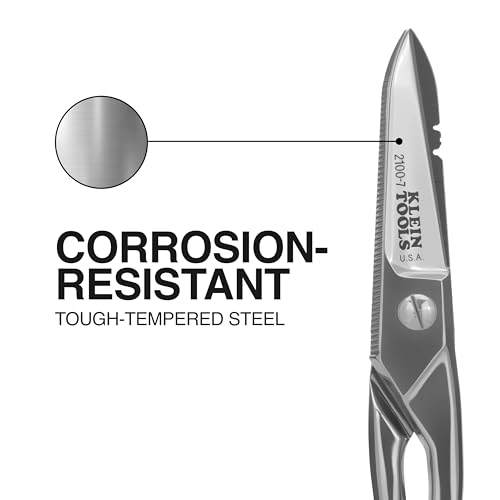 Klein Tools 2100-7 Electrician Scissors, Made in USA, Nickel-Plated Scissors with Stripping Notches, Made in USA, 5.25-Inch Snips for Datacom, Telecom, Electrical and Heavy-Duty Use - style: Nickel Plated