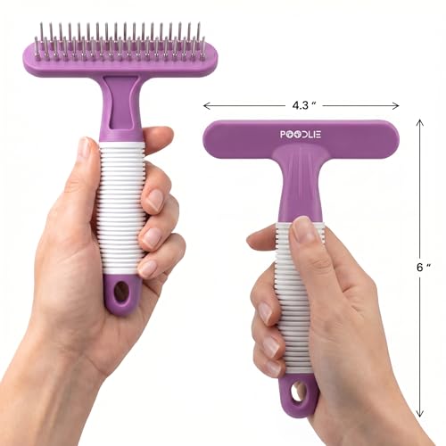 POODLIE Poodle Pet Dog Grooming Rake| Dematting Tool with Stainless Steel Shedding Comb for Pets | 2 Rows of Pins Gently Remove Loose or Tangled Hair from Undercoat | Purple Handle - color: Purple