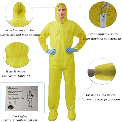 Hazmat Suits,10 Colors Options Disposable Protective Coveralls, Paint Suit with Elastic Wrists Ankles and Hood - color: 2pack Yellow, size: XX-Large